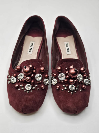 Miu Miu Bling Jeweled Crystal Slip-on Flats Shoes Size 36.5 Used 