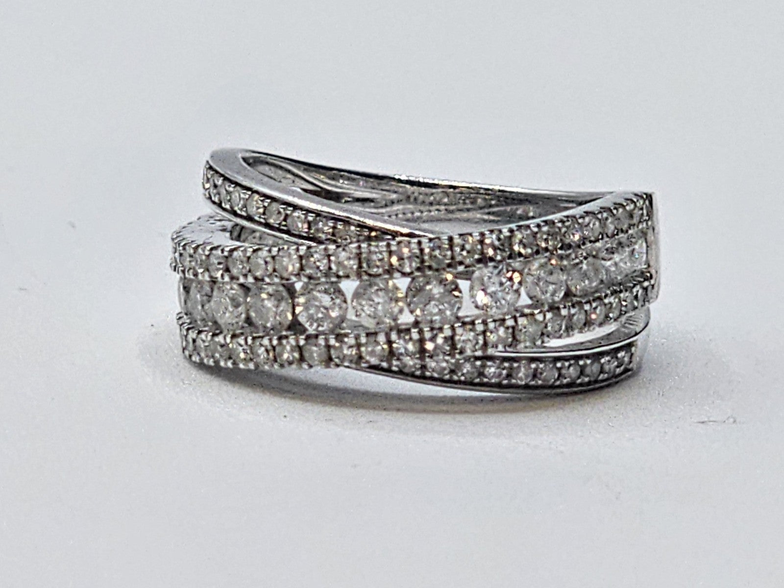 14k White Gold Diamond? Clear Stones Crossover Ring Size 5 Band 4.9 Grams