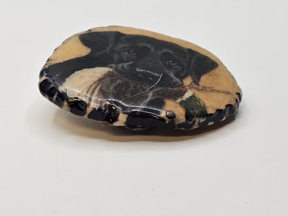 Vtg Alice Semich Elk Antler Belt Buckle W  Hand Painted Black Lab Holding A Duck