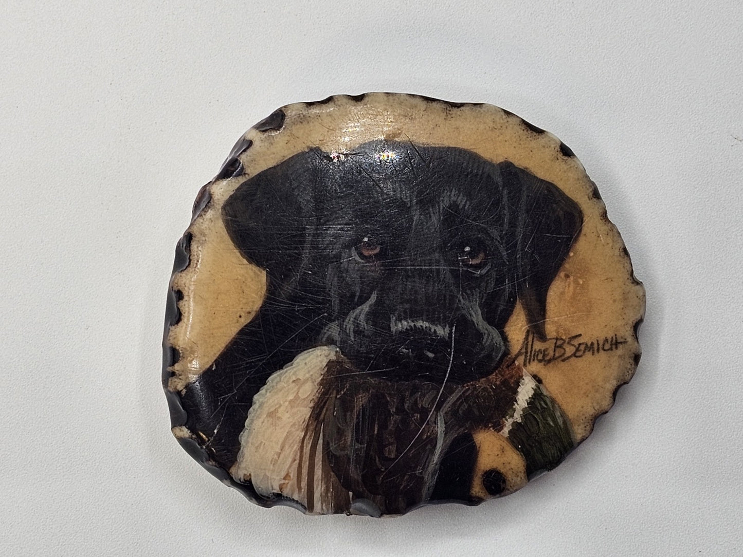 Vtg Alice Semich Elk Antler Belt Buckle W  Hand Painted Black Lab Holding A Duck