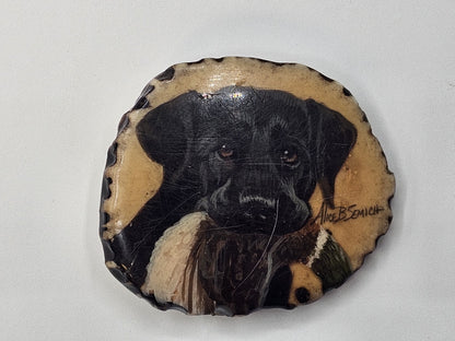 Vtg Alice Semich Elk Antler Belt Buckle W  Hand Painted Black Lab Holding A Duck