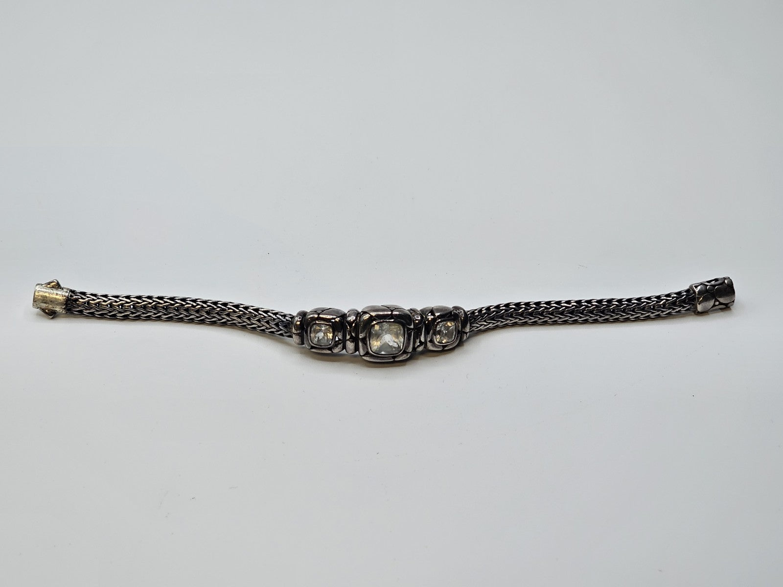 John Hardy 925 Sterling White Topaz Woven Bracelet 33 Grams 7.5 Inch 3 Stones