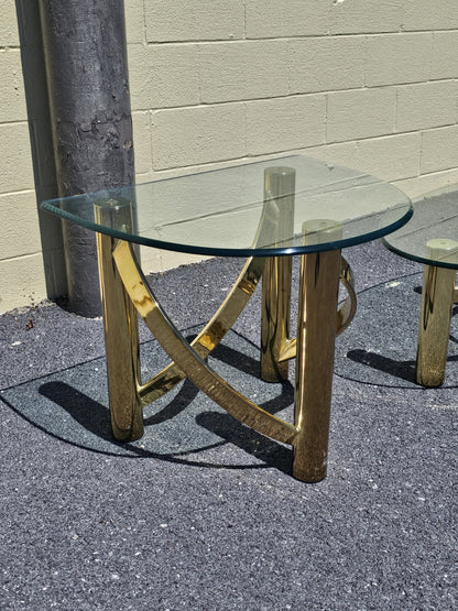 1980s Post Modern Tubular Brass & Beveled Glass Side Table Coffee Table Set