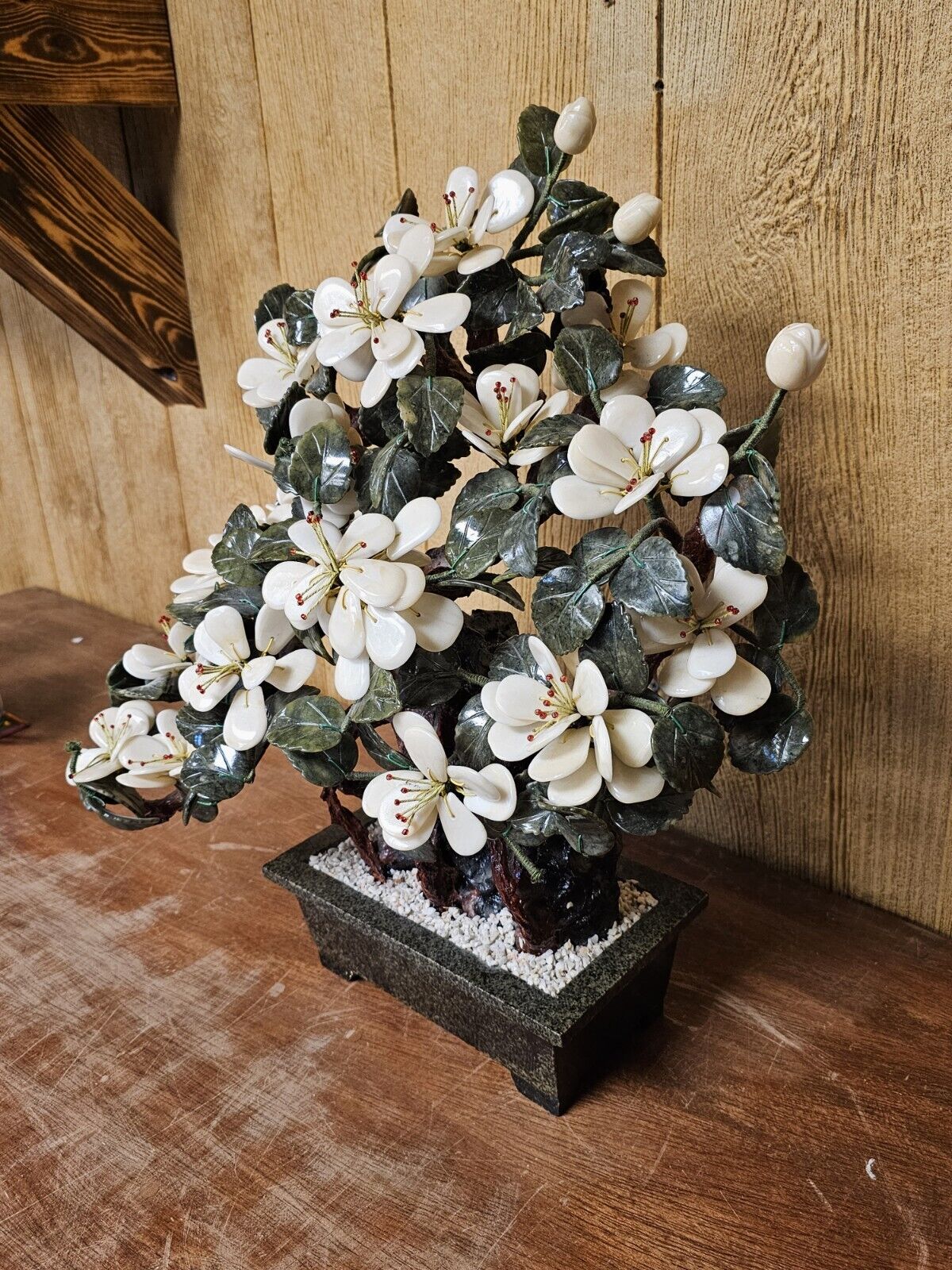 MCM Jade Agate & White Quartz Asian Bonsai Floral Tree Of Life 20 Inch Tall