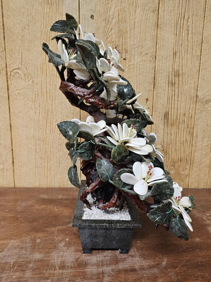 MCM Jade Agate & White Quartz Asian Bonsai Floral Tree Of Life 20 Inch Tall