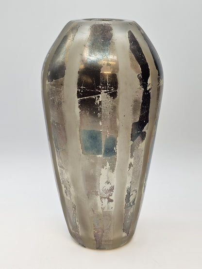 Adam Aaronson? Art Studio Smokey Glass Vase Signed 10 In Tall Silver Metallics