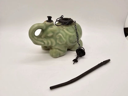 Antique Asian Porcelain Green Elephant Oil Lamp