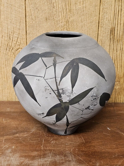 A Jeffrey Zigulis Raku Vase Signed With Bamboo Leaves 11" X 11" X 11"