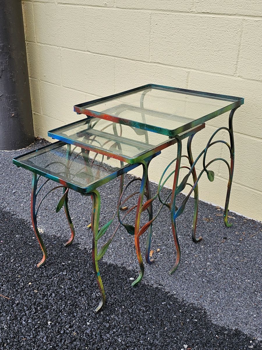 Mid Century Iron Metal Outdoor Nesting Tables w Colorful Leaf Design