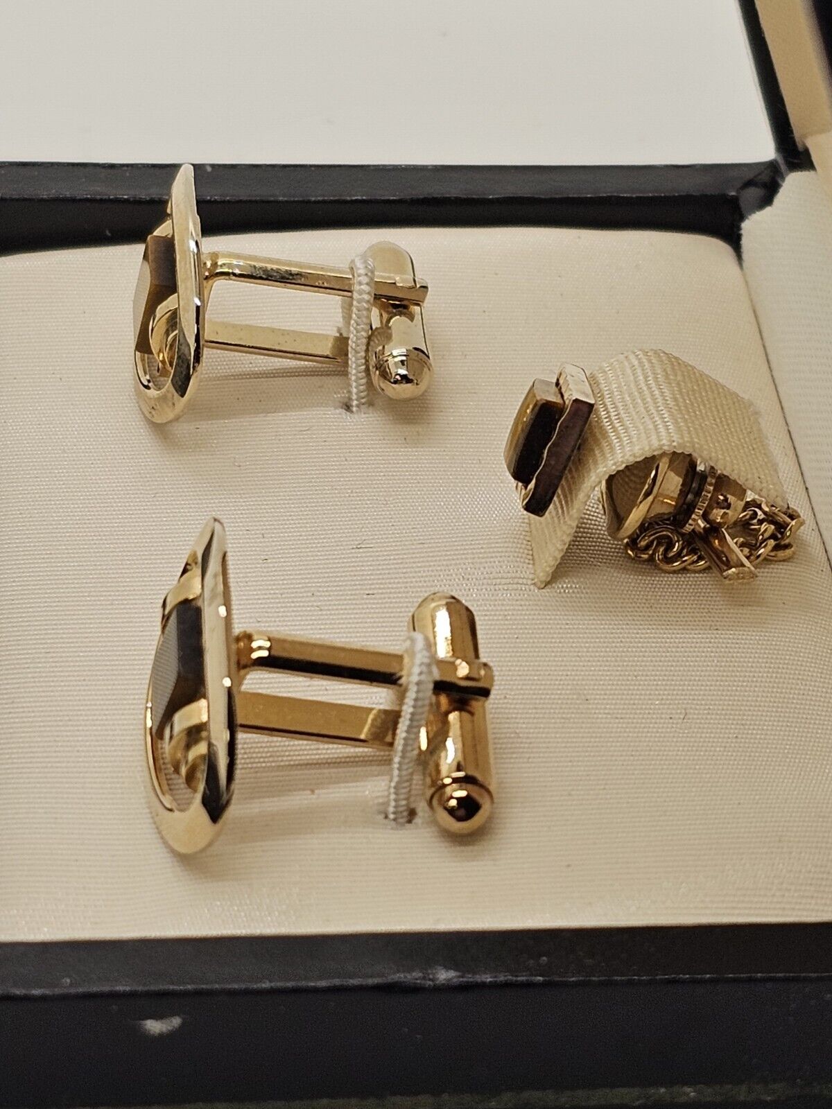 Vtg Tigers Eye Gold Tone Cufflinks Julius Garfinckel Washington Original Case