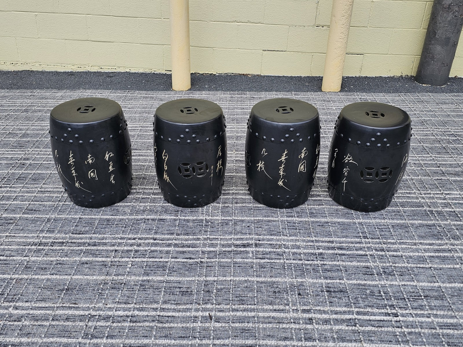 Black Chinese Calligraphy Porcelain Ceramic Round Table & 4 Garden Stool Chairs