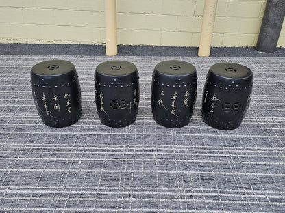 Black Chinese Calligraphy Porcelain Ceramic Round Table & 4 Garden Stool Chairs