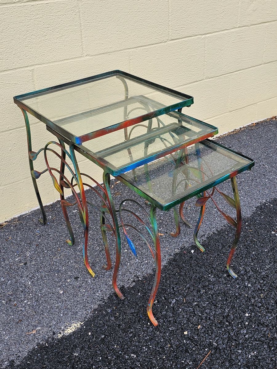 Mid Century Iron Metal Outdoor Nesting Tables w Colorful Leaf Design