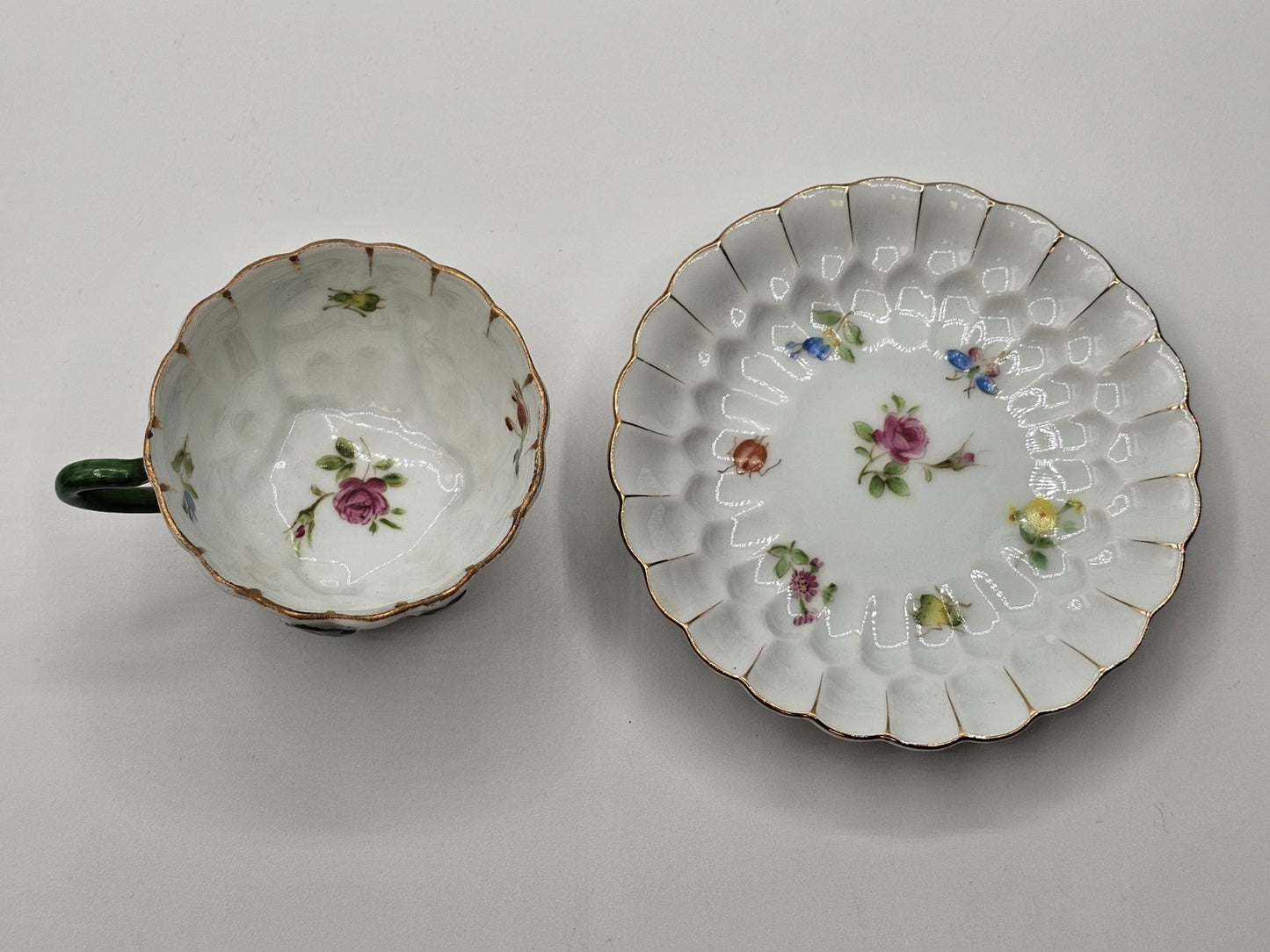 Lefton Porcelain Tea Cup & Saucer Hand Painted Footed Scalloped Edges 