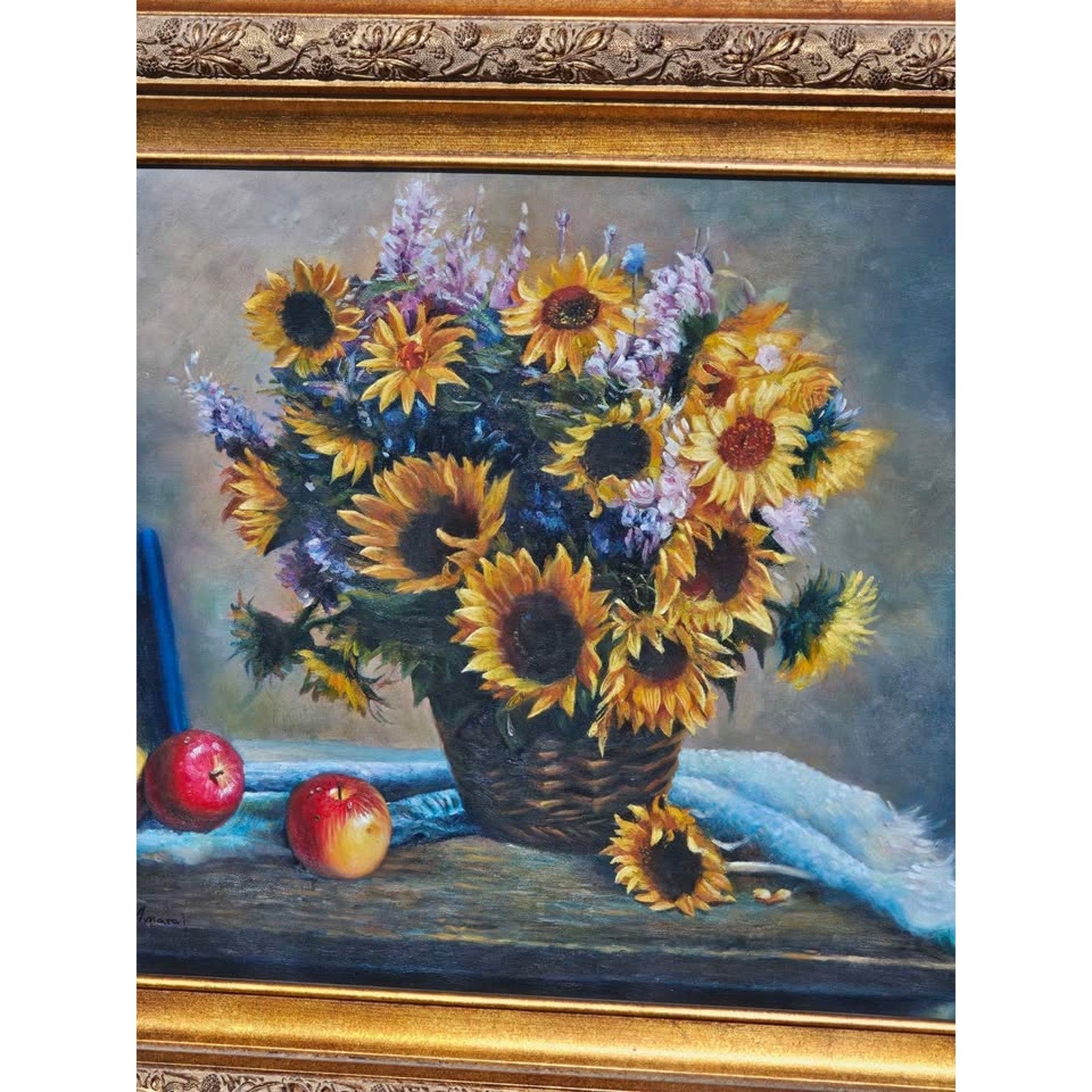 Original Still Life Painting Oil Painting of Sunflowers & Fruit w Ornate Frame