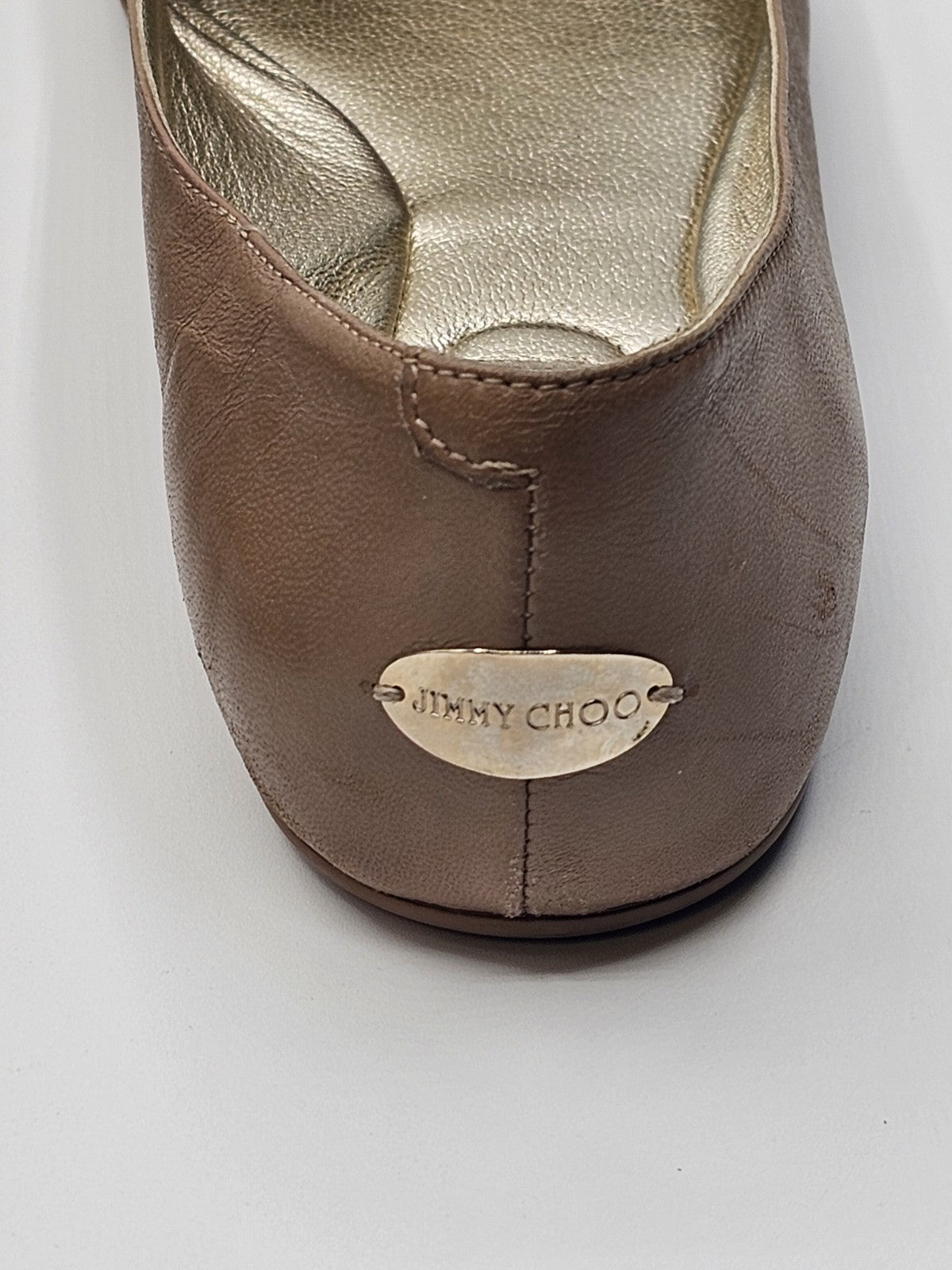Jimmy Choo Flats Ballet Tan Cream Leather Ballerina Shoes Size 36 Used Sparkle