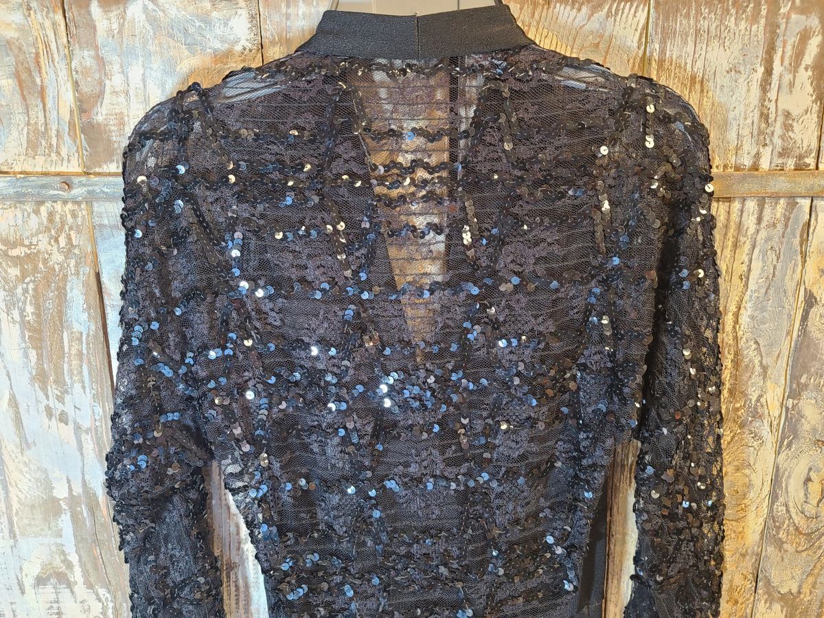 Vintage Sequin Lace Black V Neck Sleeved Formal Evening Summer Gown Dress