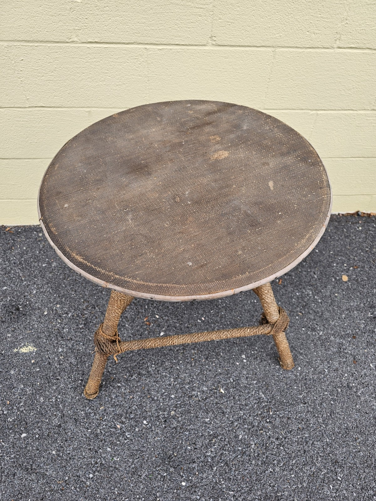 MCM Nautical Theme Side Table W Woven Rattan Top & Woven Rope Tripod Legs