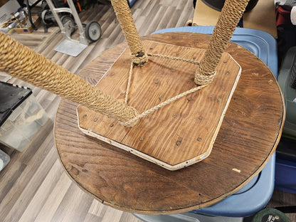 MCM Nautical Theme Side Table W Woven Rattan Top & Woven Rope Tripod Legs