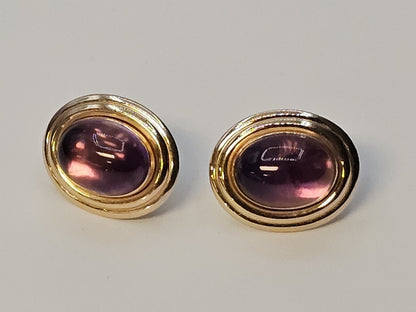 Vtg 14K Yellow Gold Oval Amethyst Cabochon Earrings 7 Grams 1 In Long