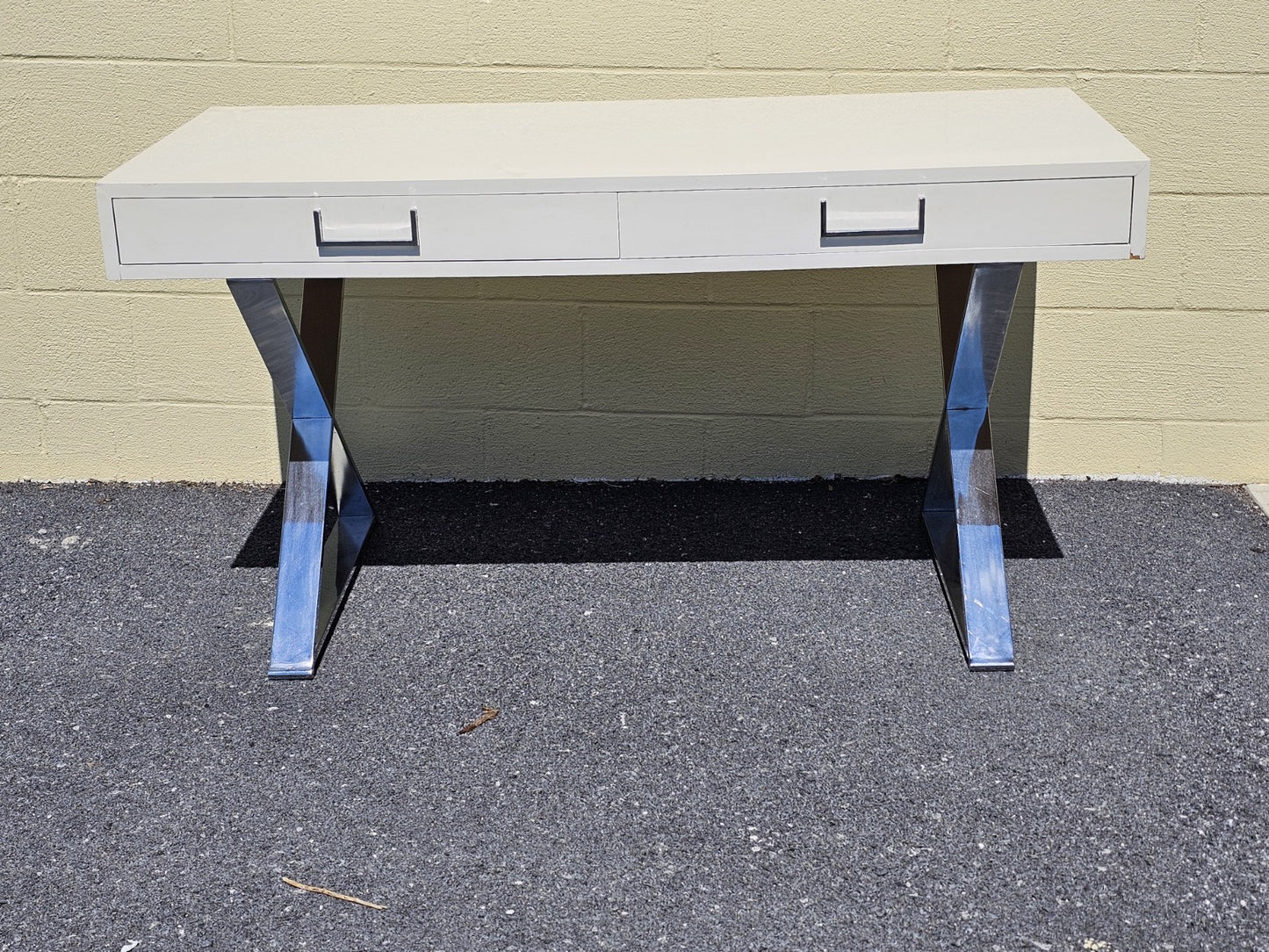 MCM Milo Baughman? Style Campaign Writing Desk White Lacquer & X Chrome Base