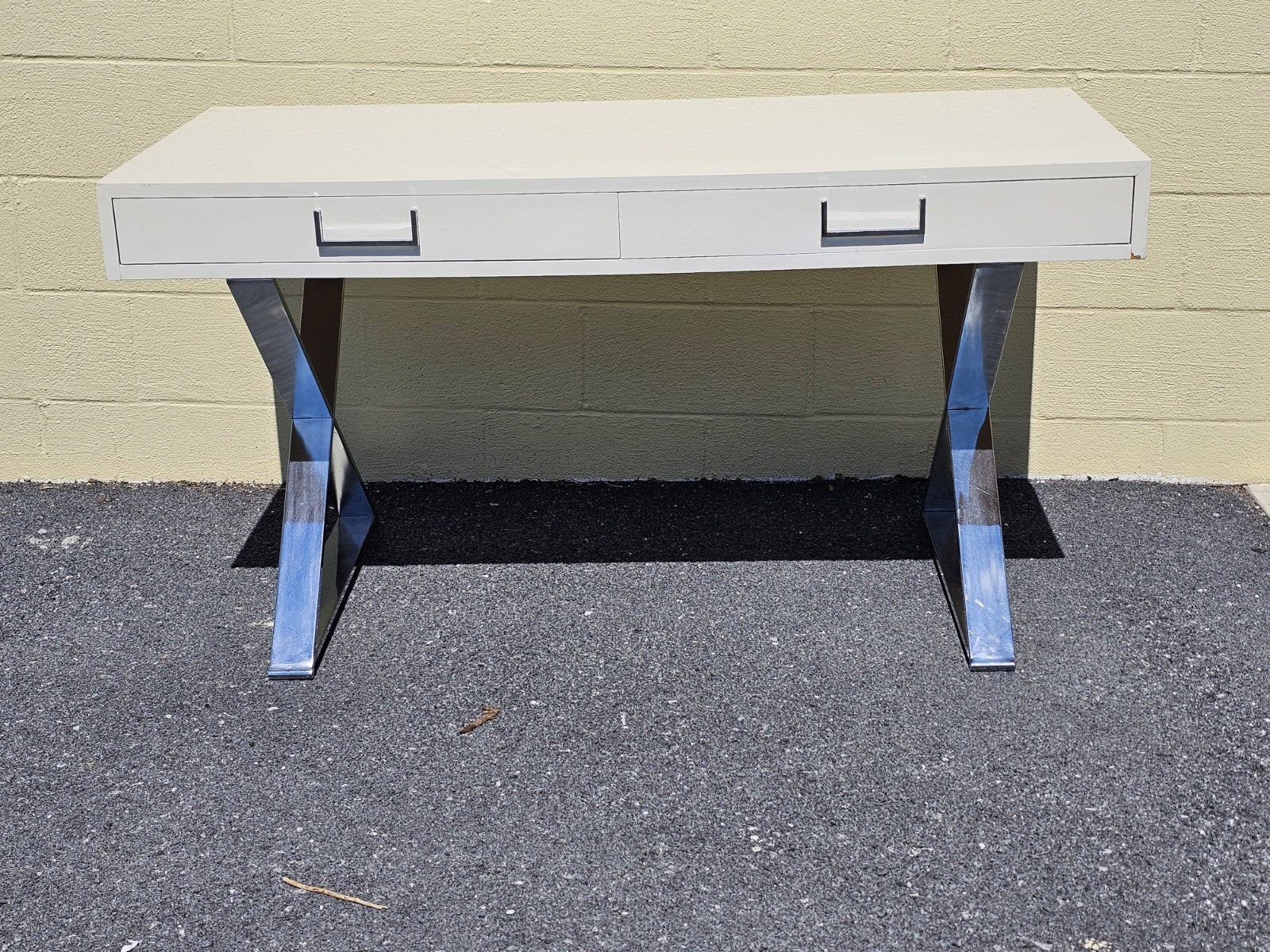 MCM Milo Baughman? Style Campaign Writing Desk White Lacquer & X Chrome Base