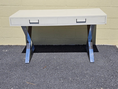 MCM Milo Baughman? Style Campaign Writing Desk White Lacquer & X Chrome Base