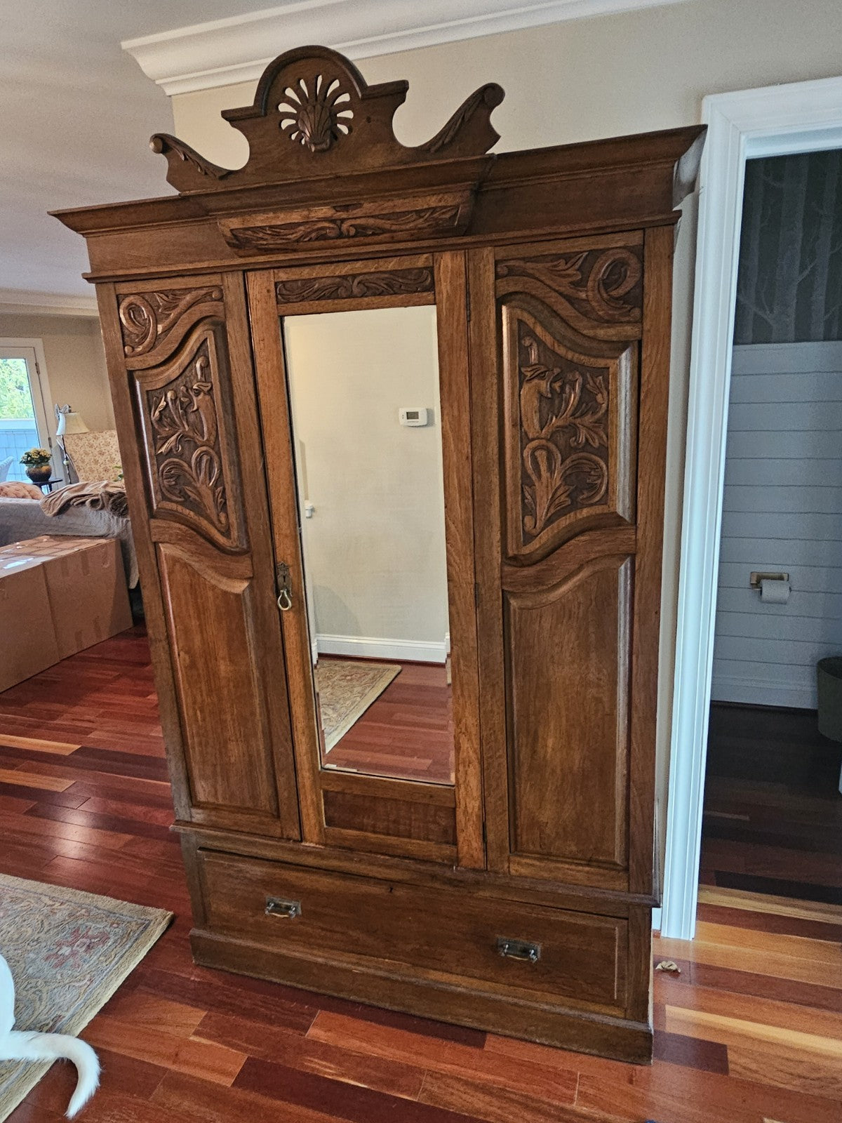 Antique 19th Century Hand Carved Oak Wardrobe W Phoenix Portable Cabinet Closet