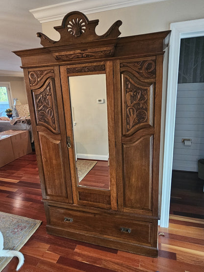 Antique 19th Century Hand Carved Oak Wardrobe W Phoenix Portable Cabinet Closet