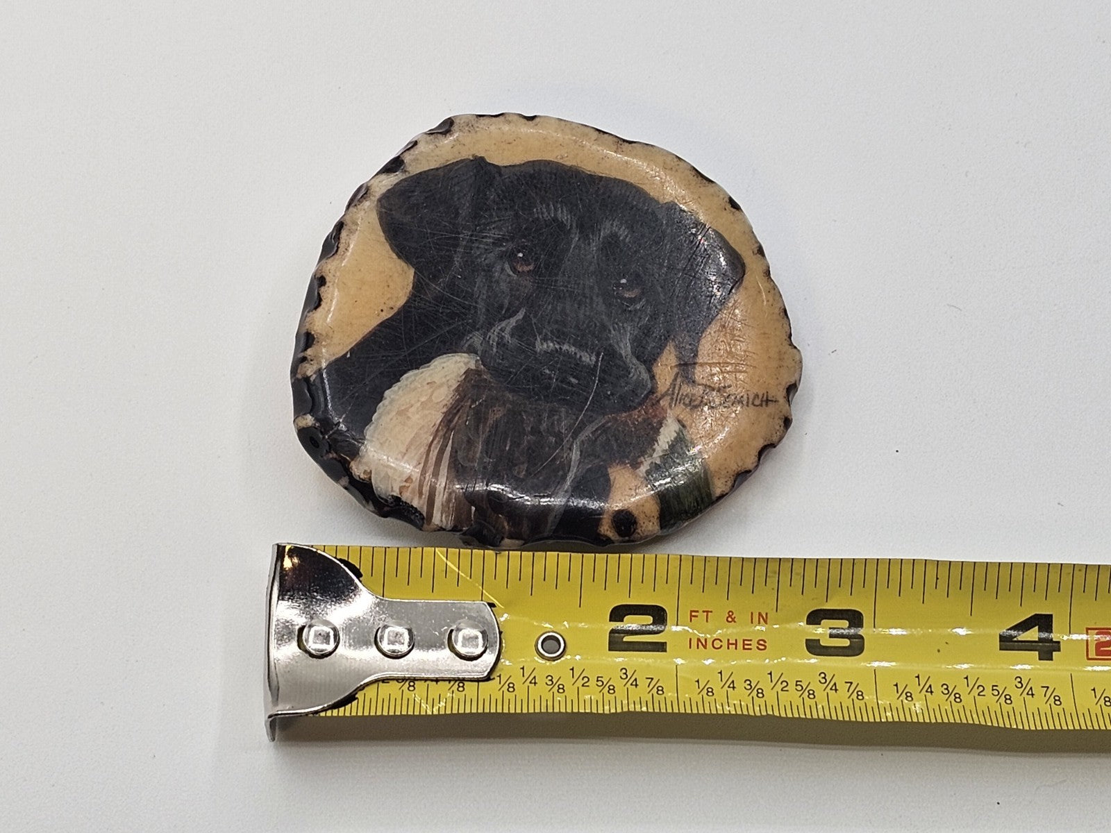Vtg Alice Semich Elk Antler Belt Buckle W  Hand Painted Black Lab Holding A Duck