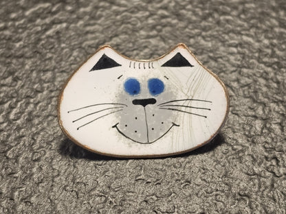 Vtg Nanci Mid Century Enamel On Copper Pin Brooch White Cat Face MCM Signed
