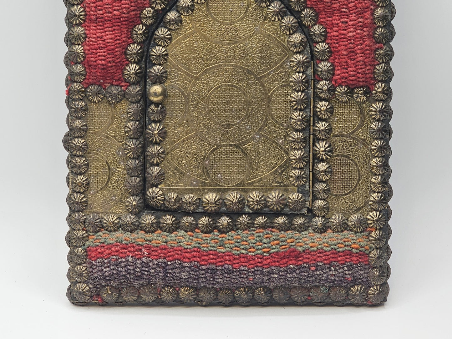 Vtg Indian Handmade Hand Stitched Jharokha Brass Wood Fabric Wall Mirror 
