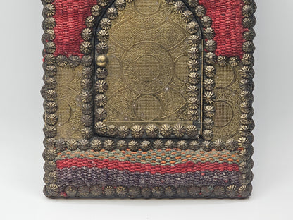 Vtg Indian Handmade Hand Stitched Jharokha Brass Wood Fabric Wall Mirror 