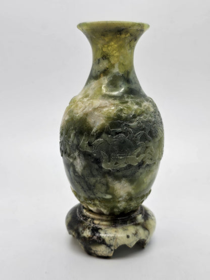 Vtg Chinese Green Jade Like Soapstone Vase With Dragon & Original Tag 6" Tall