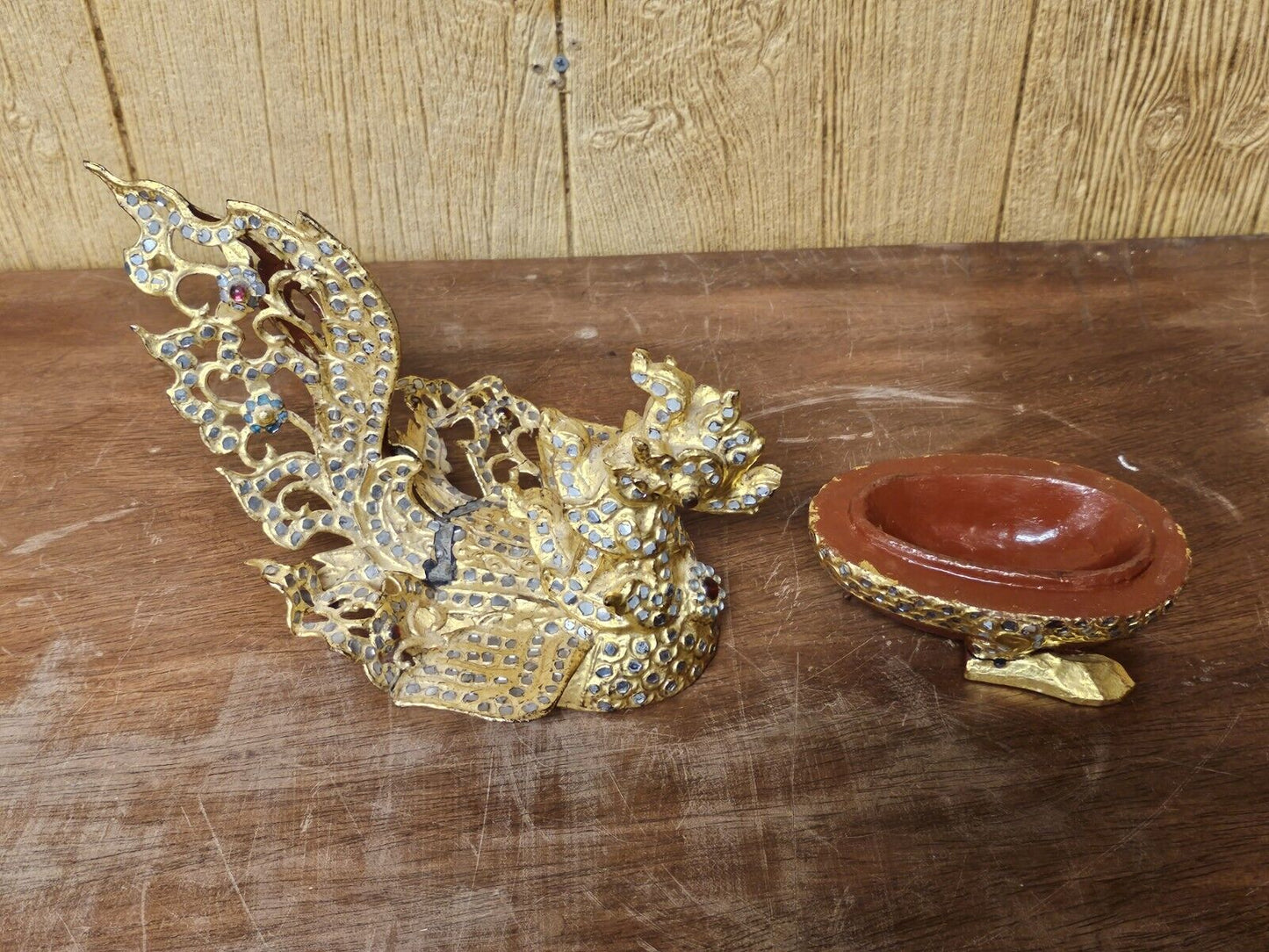 Vtg Thai or Southeast Asian Burmese Handmade Bird Box Tin Gold Lacquered Wood