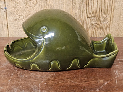Vtg MCM California Pottery Large 13 Inch Green Fish Whale Decor Marked Repaired 