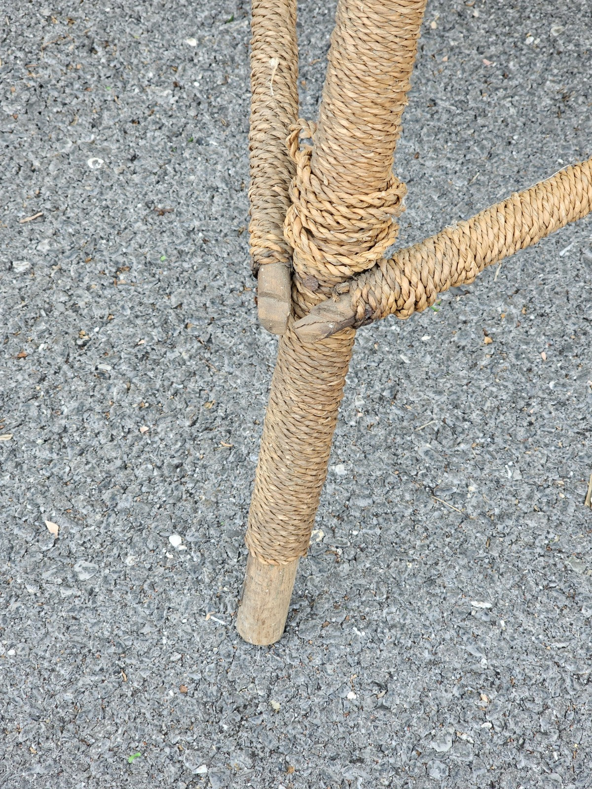 MCM Nautical Theme Side Table W Woven Rattan Top & Woven Rope Tripod Legs
