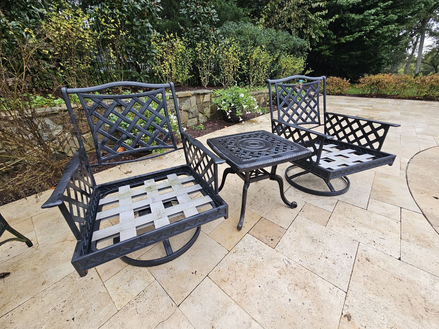 Outdoor Cast Aluminum Conversation Set Swivel Chairs Firepit Grand Terrace Style