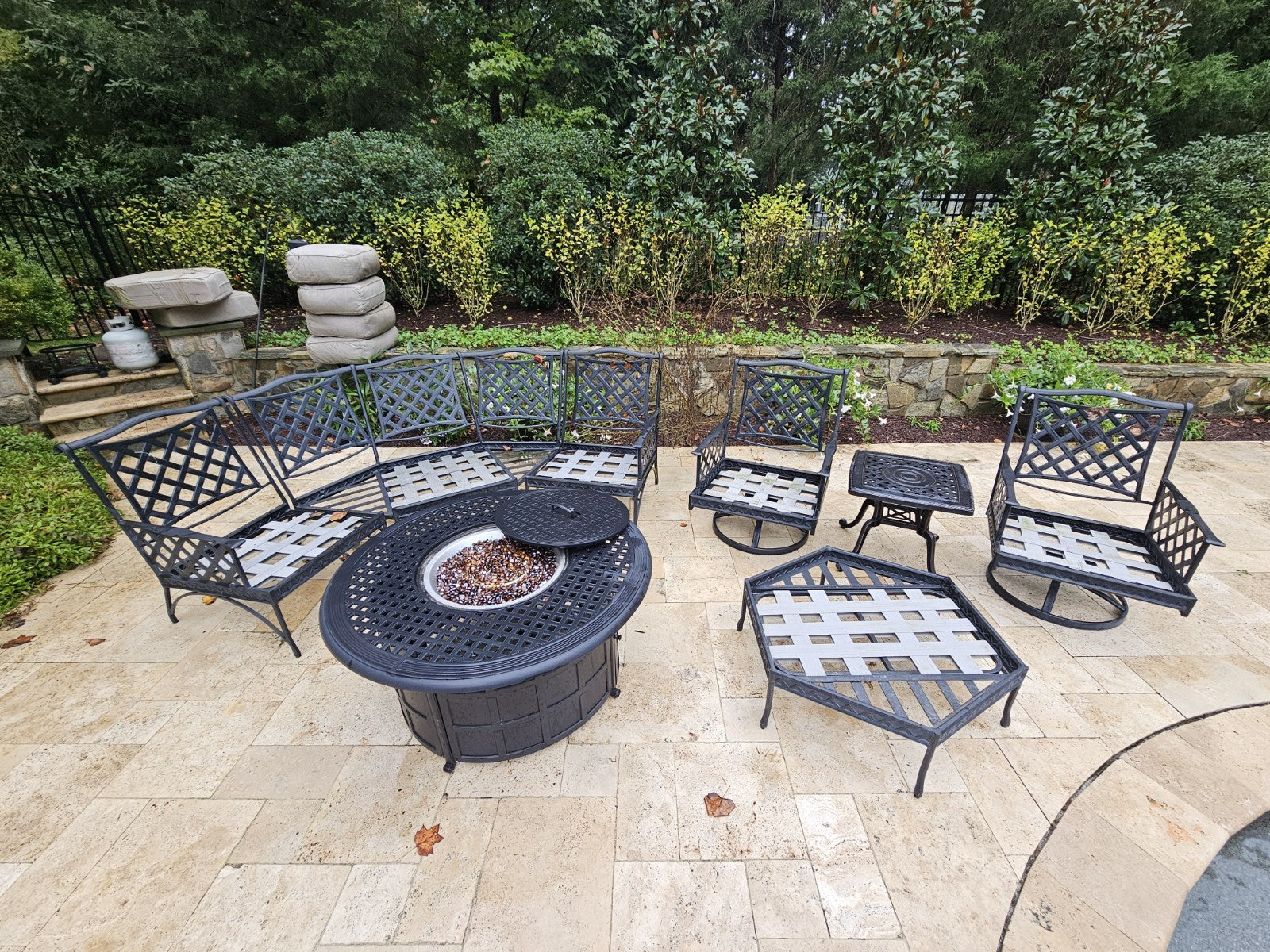 Outdoor Cast Aluminum Conversation Set Swivel Chairs Firepit Grand Terrace Style