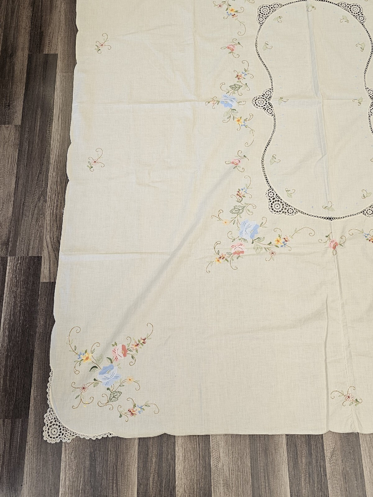 Vintage Handmade Linen Needlepoint Floral Table Cloth Cross Stitched 80" X 64"
