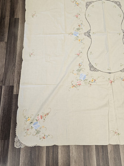 Vintage Handmade Linen Needlepoint Floral Table Cloth Cross Stitched 80" X 64"