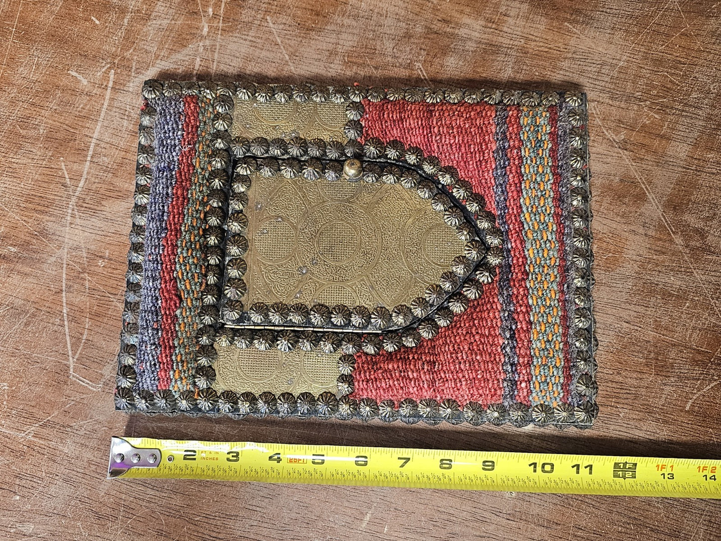 Vtg Indian Handmade Hand Stitched Jharokha Brass Wood Fabric Wall Mirror 