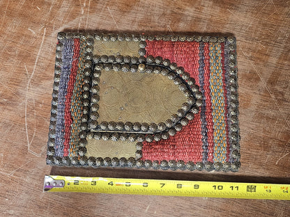 Vtg Indian Handmade Hand Stitched Jharokha Brass Wood Fabric Wall Mirror 