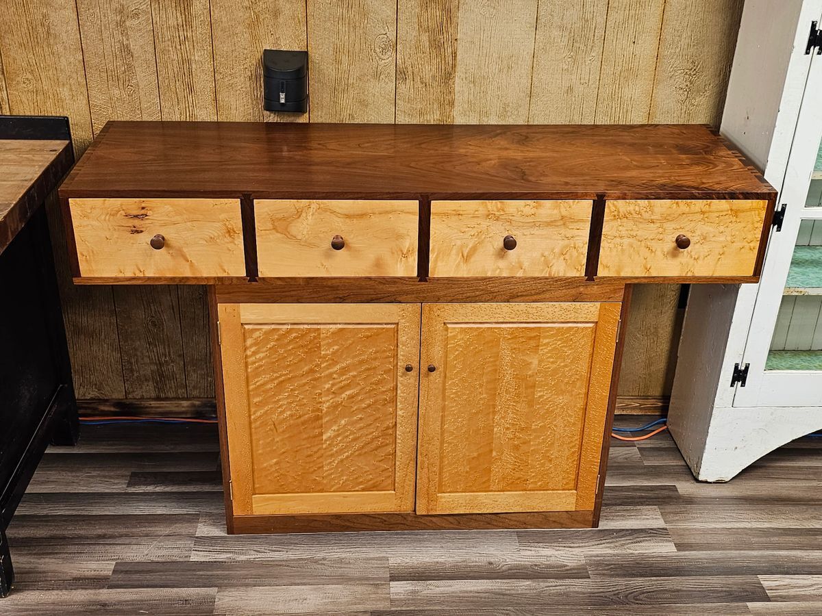 Modern Walnut & Birds Eye Maple Cabinet Sideboard Console Table