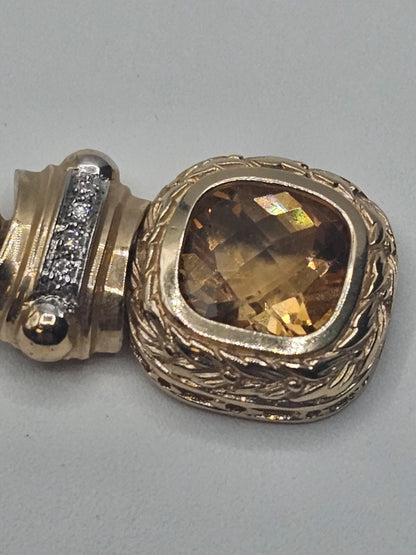 14k Yellow Gold Citrine Pendant W 4 Clear Stones 5.9 Grams 1.25 Inches Long 