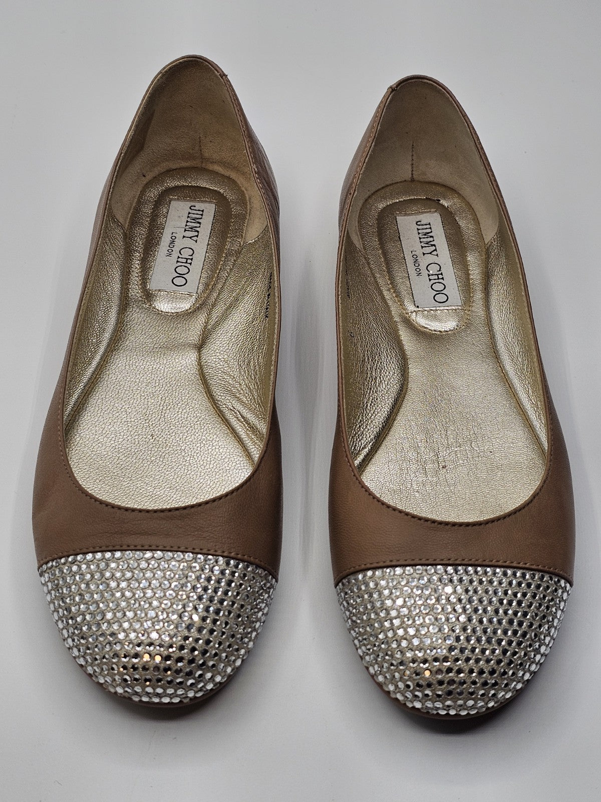 Jimmy Choo Flats Ballet Tan Cream Leather Ballerina Shoes Size 36 Used Sparkle