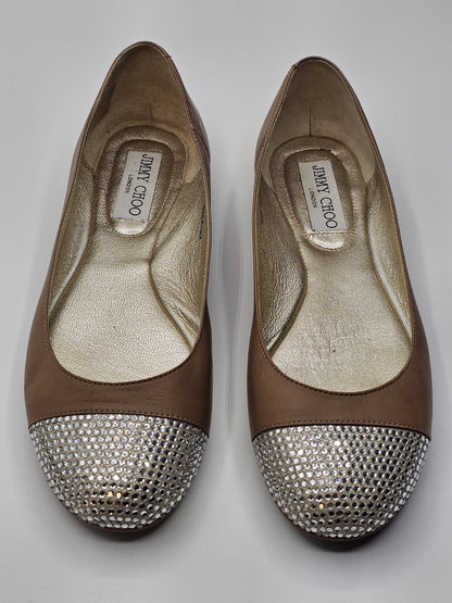 Jimmy Choo Flats Ballet Tan Cream Leather Ballerina Shoes Size 36 Used Sparkle