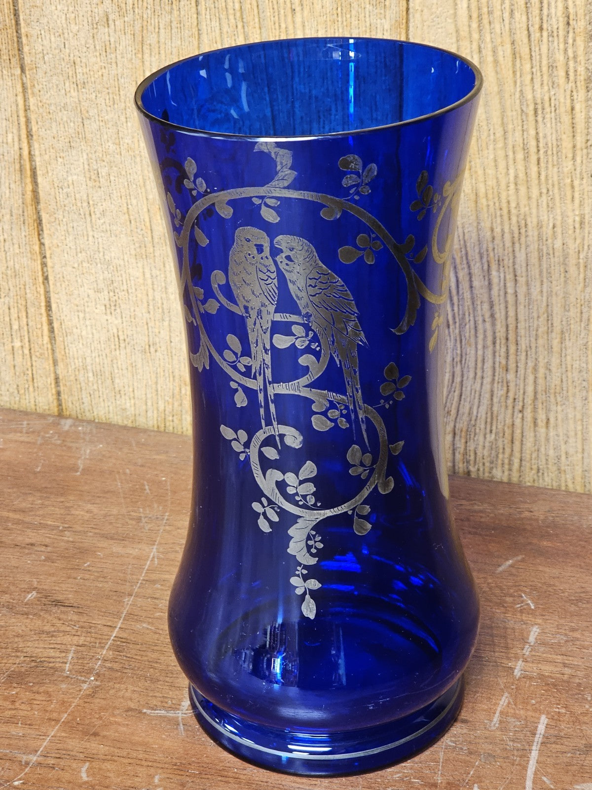 Vtg Czech Cobalt Blue Art Glass Vase With Silver Overlay Parrots Birds 11 " Tall