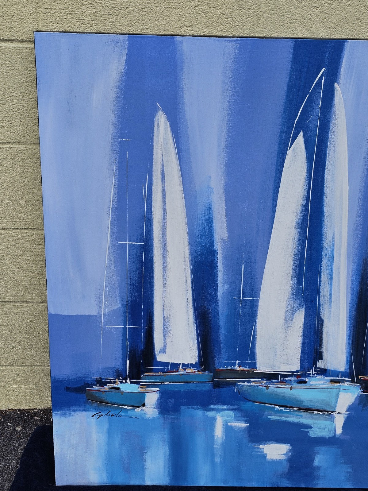 Original Beach Theme Oil On Canvas "Sailing" Sailboats By Cavelia Blue & White