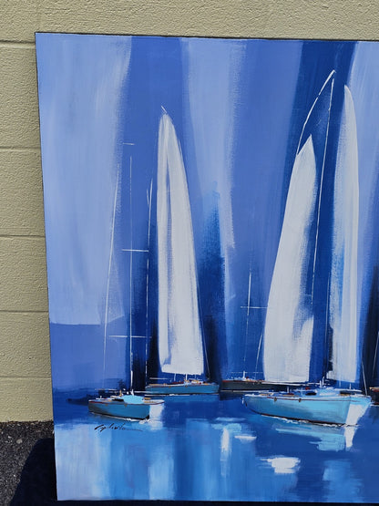 Original Beach Theme Oil On Canvas "Sailing" Sailboats By Cavelia Blue & White